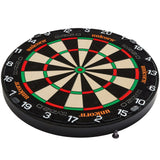 Angled view of Eclipse Ultra 2.0 dartboard isolated on white, highlighting thin wiring, bold number ring, and pro-level segmented surface