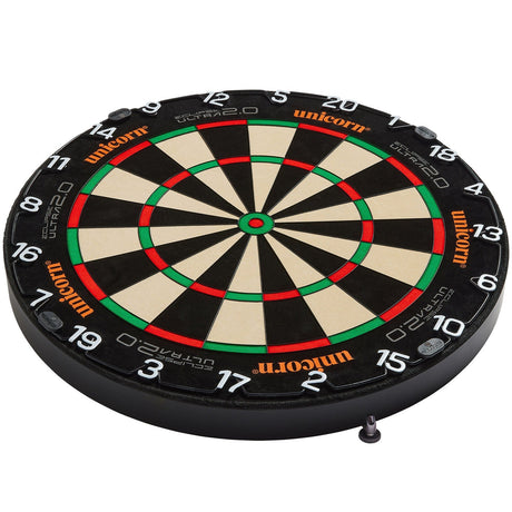 Angled view of Eclipse Ultra 2.0 dartboard isolated on white, highlighting thin wiring, bold number ring, and pro-level segmented surface