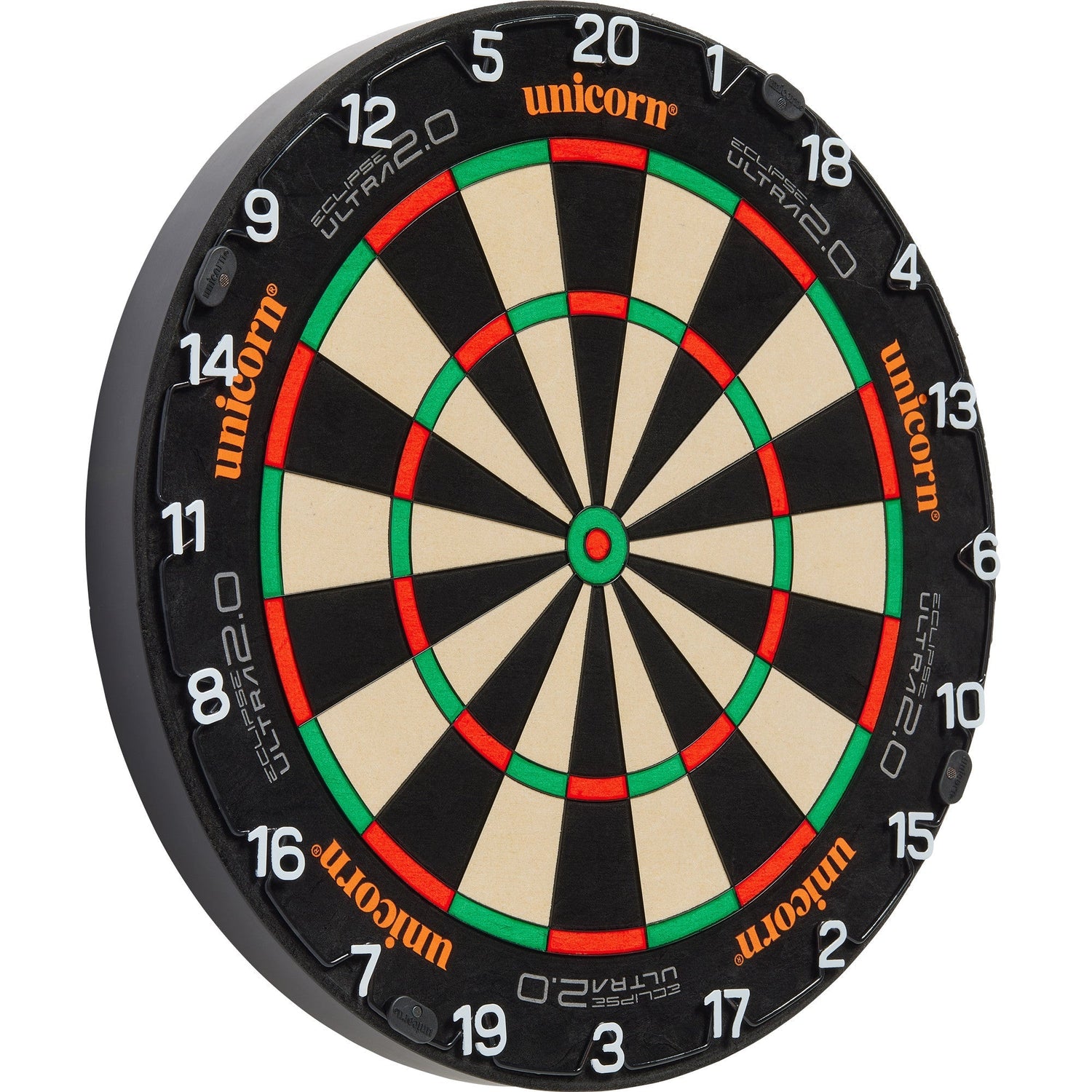 Angled view of Eclipse Ultra 2.0 dartboard isolated on white, highlighting thin wiring, clear scoring zones, and professional number ring