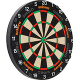 Angled view of Eclipse Ultra 2.0 dartboard isolated on white, highlighting thin wiring, clear scoring zones, and professional number ring