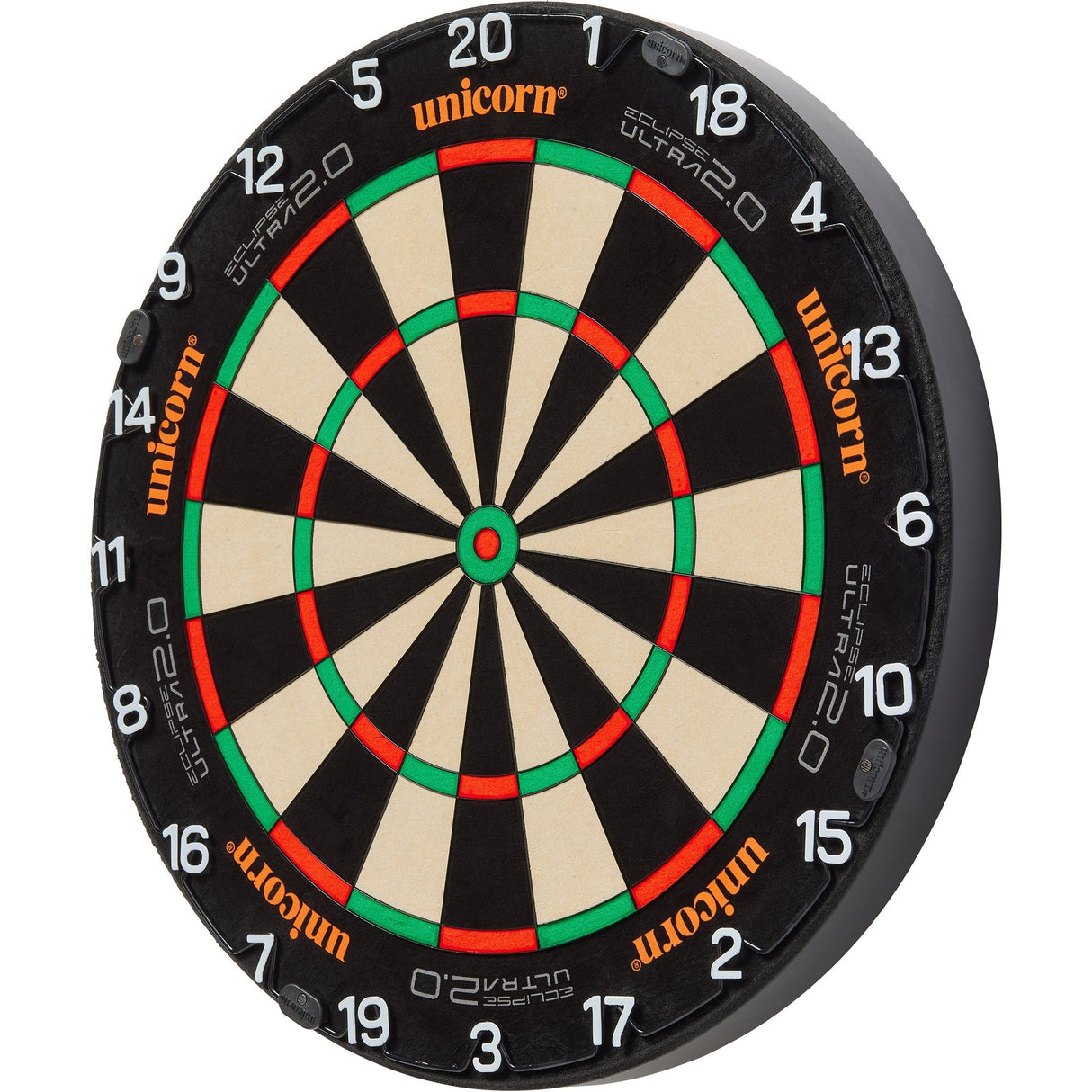 Angled view of Eclipse Ultra 2.0 dartboard on white background highlighting ultra-slim wiring and vibrant target zones