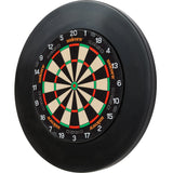Angled view dartboard with black surround ring, clear ultra-thin wiring, white numbers, isolated on white background