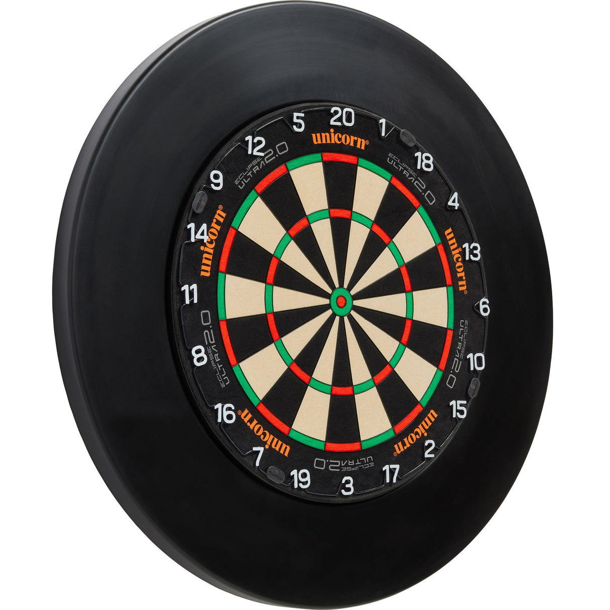 angled view of Eclipse Ultra 2.0 dartboard with black surround, showing full scoring zones and segment design isolated on white background