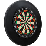 angled view of Eclipse Ultra 2.0 dartboard with black surround, showing full scoring zones and segment design isolated on white background