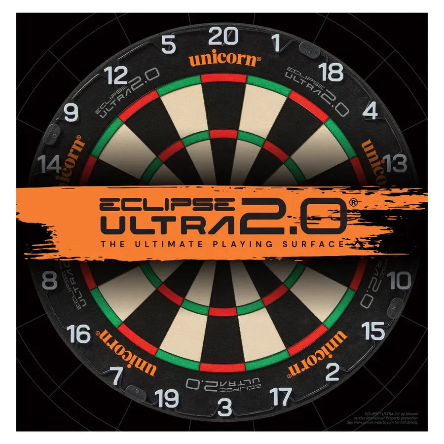 Full front view of Eclipse Ultra 2.0 dartboard showcasing playing surface details and numbering with bold branding overlay