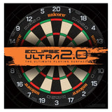 Full front view of Eclipse Ultra 2.0 dartboard showcasing playing surface details and numbering with bold branding overlay