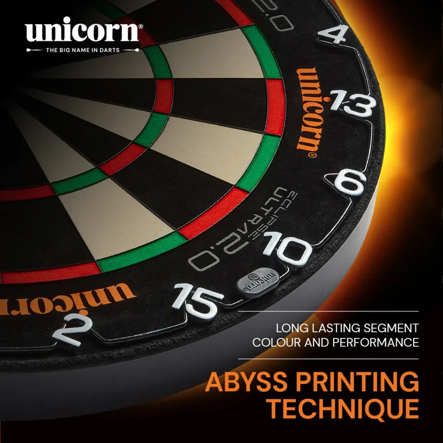 Angled close-up of Eclipse Ultra 2.0 dartboard shows vivid segment colors, deep black number ring, and clear printing for darts setup