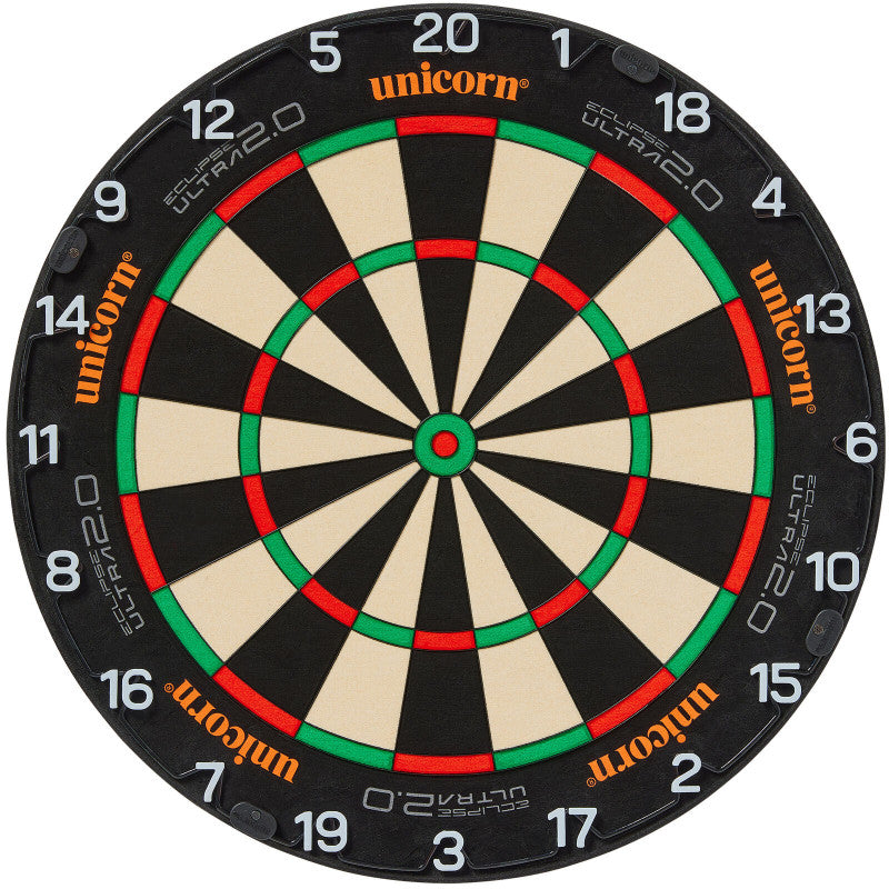 Top-down view of Eclipse Ultra 2.0 dartboard isolated on white background, highlighting sharp wiring, clear numbers, and double bullseye