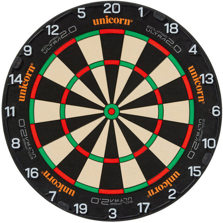 Top-down view of Eclipse Ultra 2.0 dartboard isolated on white background, highlighting sharp wiring, clear numbers, and double bullseye
