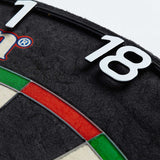 Macro close-up of dartboard 18 and 1 segments with thin wiring, colored scoring zones, and detailed sisal fiber surface