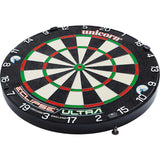 Angled view of Eclipse Ultra dartboard with thin radial wiring, Uni-Lock brackets, and sharp scoring segments for darts players