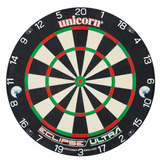 Full view dartboard isolated on white, showing thin radial wiring, clear scoring zones, black and white segments, and bold number ring