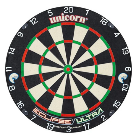 Full view dartboard isolated on white, showing thin radial wiring, clear scoring zones, black and white segments, and bold number ring