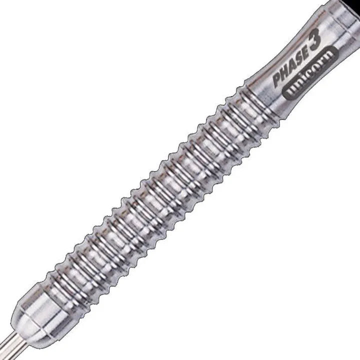 Close-up of Phase 3 tungsten dart barrel showing detailed ringed grip and engraved logo, isolated on white background