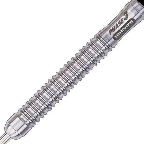 Close-up of Phase 3 tungsten dart barrel showing detailed ringed grip and engraved logo, isolated on white background