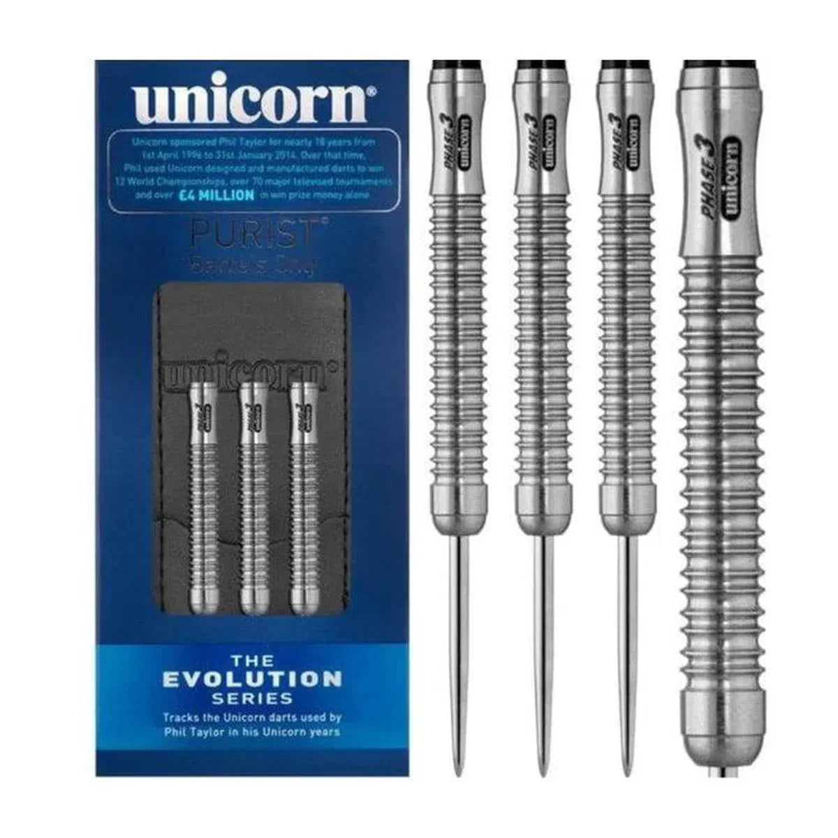 Full view of 90% tungsten darts with deep ringed grip, Phase 3 engraving, three in packaging, one isolated on white background