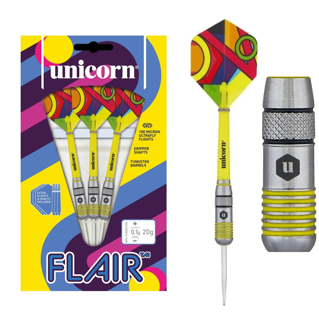 Unicorn Flair 1 80% tungsten darts — packaging, complete dart and barrel close-up