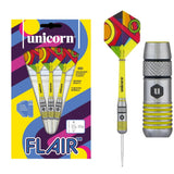 Unicorn Flair 1 80% tungsten darts — packaging, complete dart and barrel close-up
