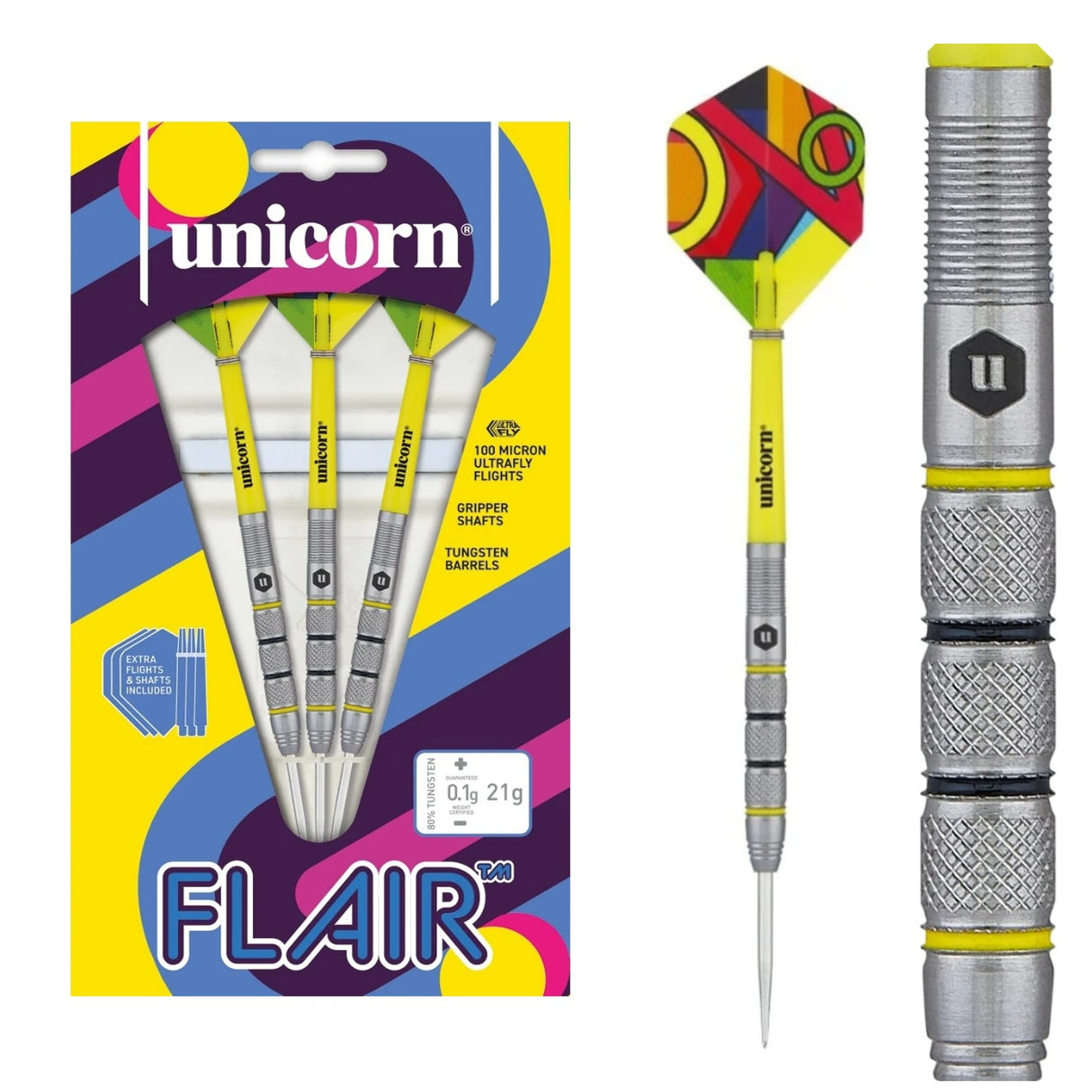 Unicorn Flair 2 80% tungsten darts — packaging, complete dart and barrel close-up