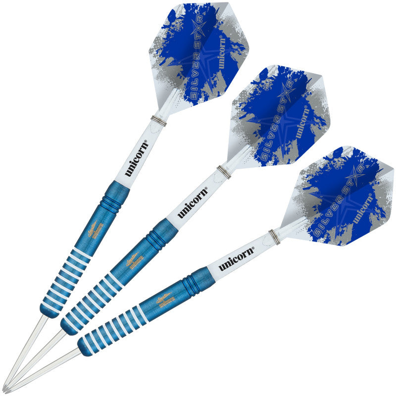 Three blue silver tungsten darts with striped grip barrels and graphic flights, full product view on white background