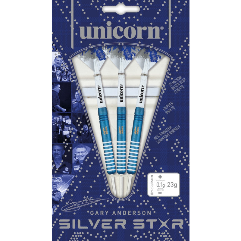 Three Gary Anderson Blue Silver Star 80% tungsten darts in retail packaging, full view showing blue grips and white flights