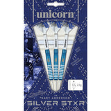 Three Gary Anderson Blue Silver Star 80% tungsten darts in retail packaging, full view showing blue grips and white flights