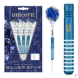 Blue Silver Star tungsten darts shown in retail packaging, with close-up of barrel grip and full dart for steel tip dart enthusiasts.