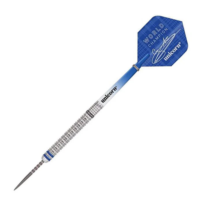 Single 90% tungsten dart full view on white, knurled grip barrel, blue signature flight, steel tip, professional dart equipment