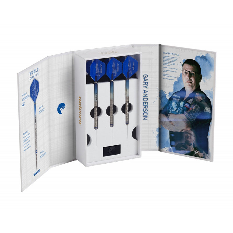 Deluxe Gary Anderson 90% tungsten darts set in open display box, three darts fully assembled with blue flights, packaging highlights