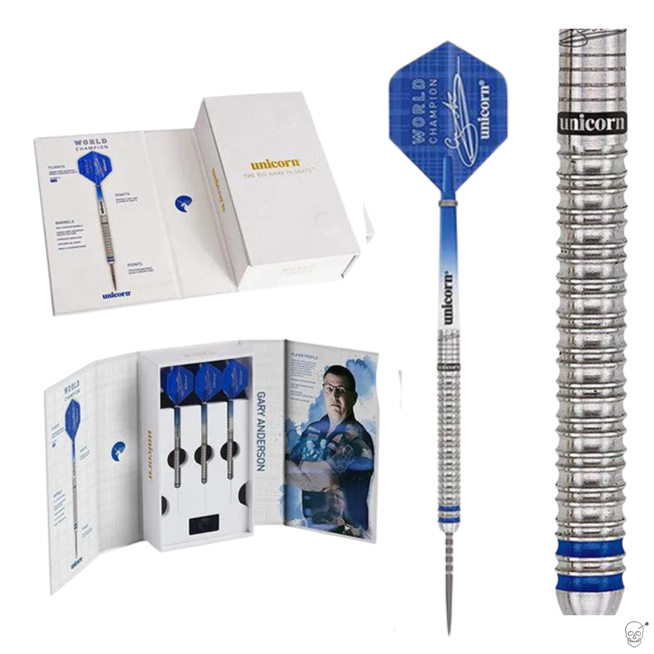 Gary Anderson 90% tungsten darts premium box set, close-up of ringed grip barrel, full dart view, and blue flights