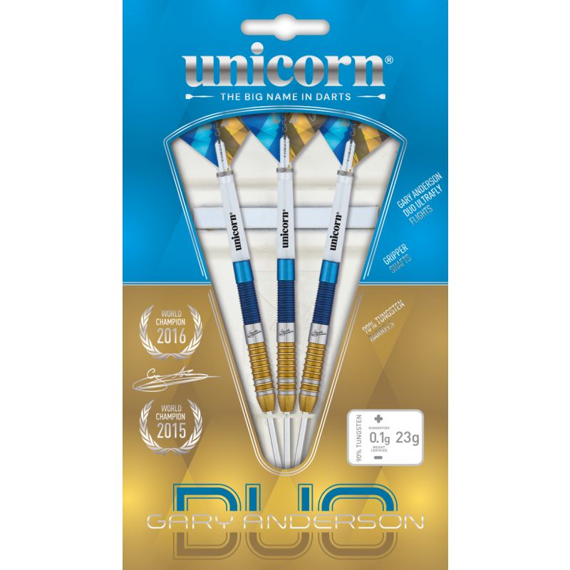 Packaged set of three 90% tungsten Gary Anderson Duo darts with blue and gold barrels, clear flights, and weight detail, isolated on branded card.