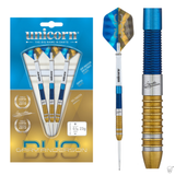 Packaged set of 90% tungsten darts plus close-up showing blue and gold dual PVD barrel, grip rings, and engraved signature