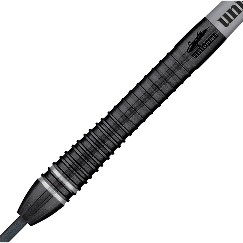 Close-up of dart barrel with black grooved grip and precision engraving, isolated on white for tungsten darts buyers