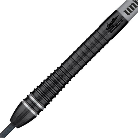 Close-up of dart barrel with black grooved grip and precision engraving, isolated on white for tungsten darts buyers