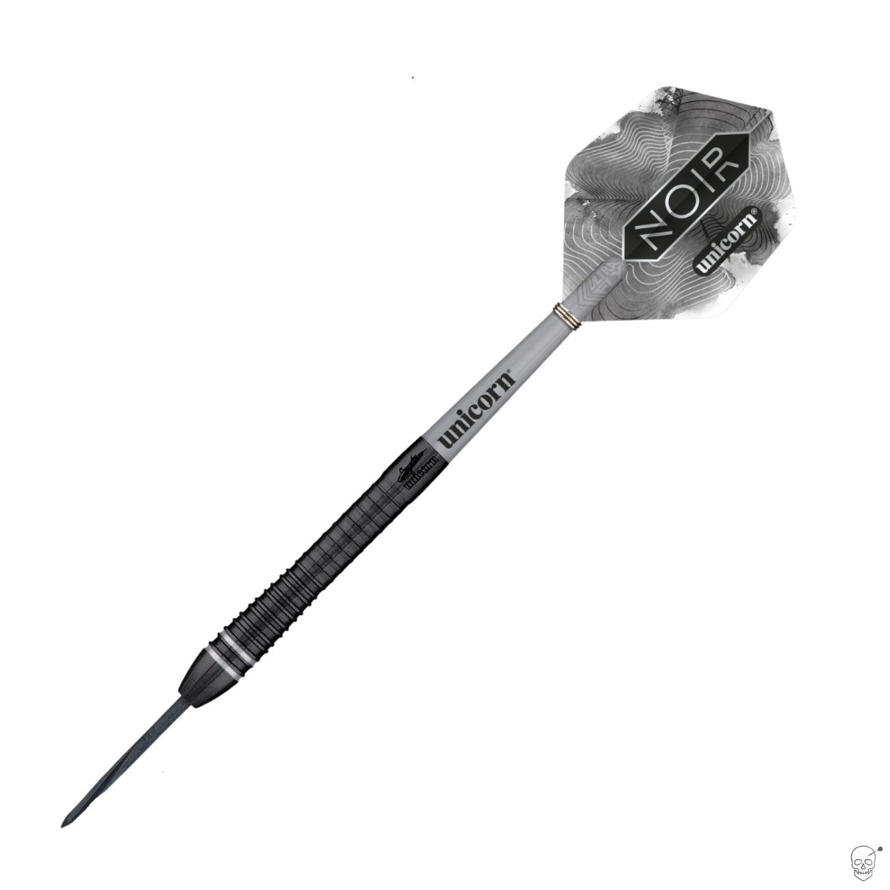 Full view of 90 percent tungsten dart with black ringed grip, signature barrel engraving, and Noir flight, isolated on white background