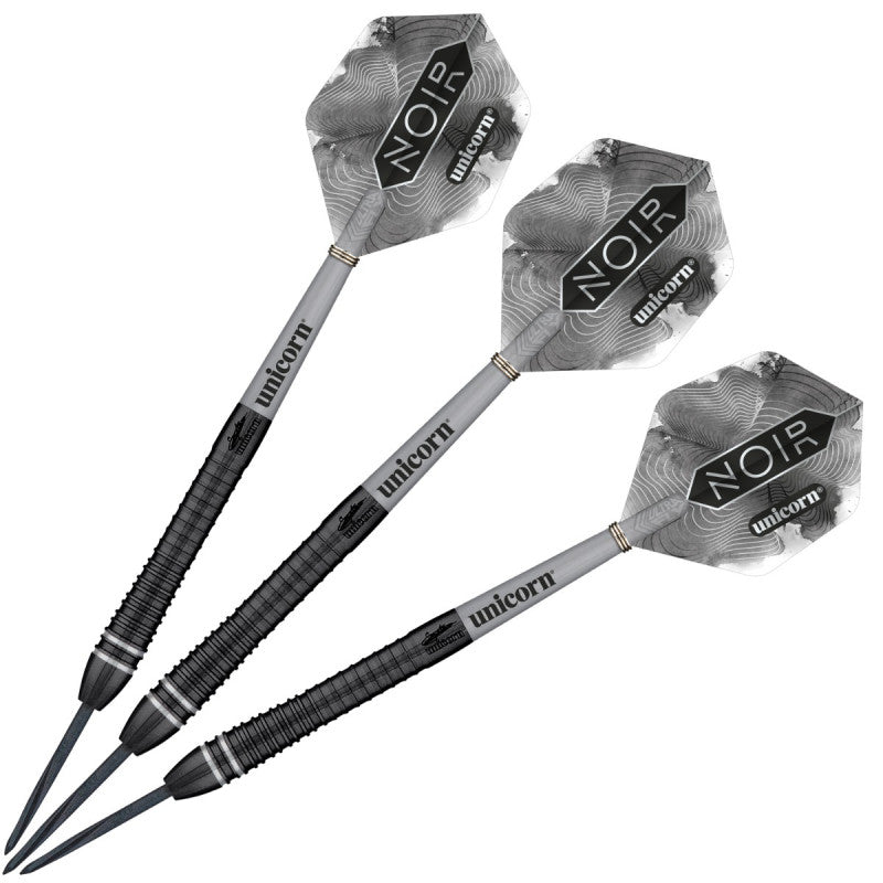Set of three Gary Anderson Noir Phase 6 tungsten darts with black textured barrels and Noir flights, full product view on white background