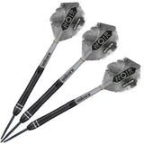 Set of three Gary Anderson Noir Phase 6 tungsten darts with black textured barrels and Noir flights, full product view on white background