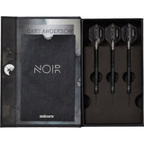Top-down view of Gary Anderson Noir Phase 6 tungsten darts set, three darts securely arranged in foam display box, highlighting black flights and grip.