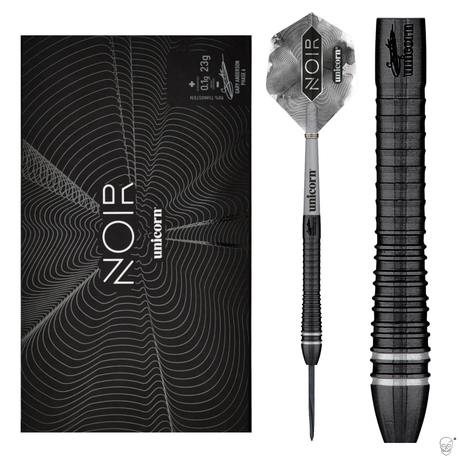 Full view of Gary Anderson Noir Phase 6 dart with 90% tungsten barrel, detailed black grip, and matching packaging on white background