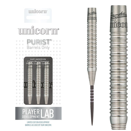 Unicorn Gary Anderson Phase 4 Purist 90% tungsten barrels — packaging, complete barrel and barrel close-up