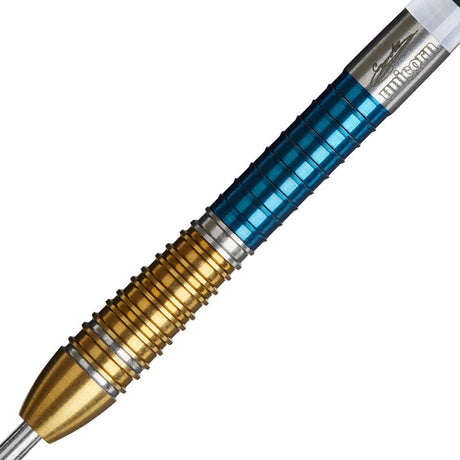 Close-up of Gary Anderson Phase 6 Duo tungsten dart barrel showing dual-color grip rings and engraved signature.