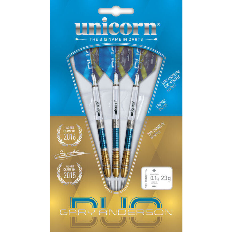 Three Gary Anderson Phase 6 Duo 90% tungsten darts in retail packaging, blue and gold grips, flights and shafts on display, 23g weight