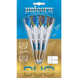 Three Gary Anderson Phase 6 Duo 90% tungsten darts in retail packaging, blue and gold grips, flights and shafts on display, 23g weight