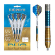 Gary Anderson Phase 6 Duo 90% tungsten darts set in retail packaging, detailed macro shows blue and gold barrel grip texture