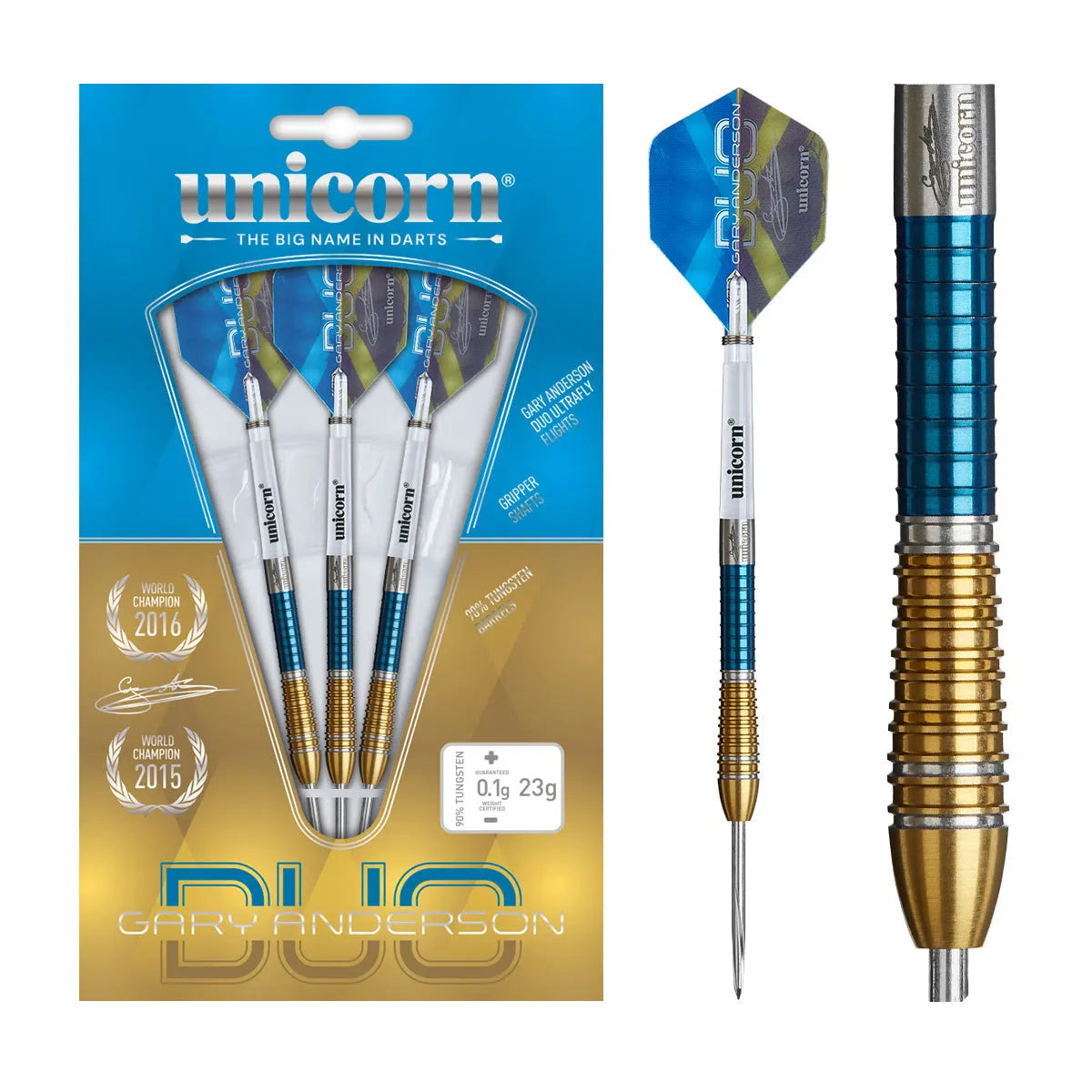 Gary Anderson Phase 6 Duo 90% tungsten darts set in retail packaging, detailed macro shows blue and gold barrel grip texture