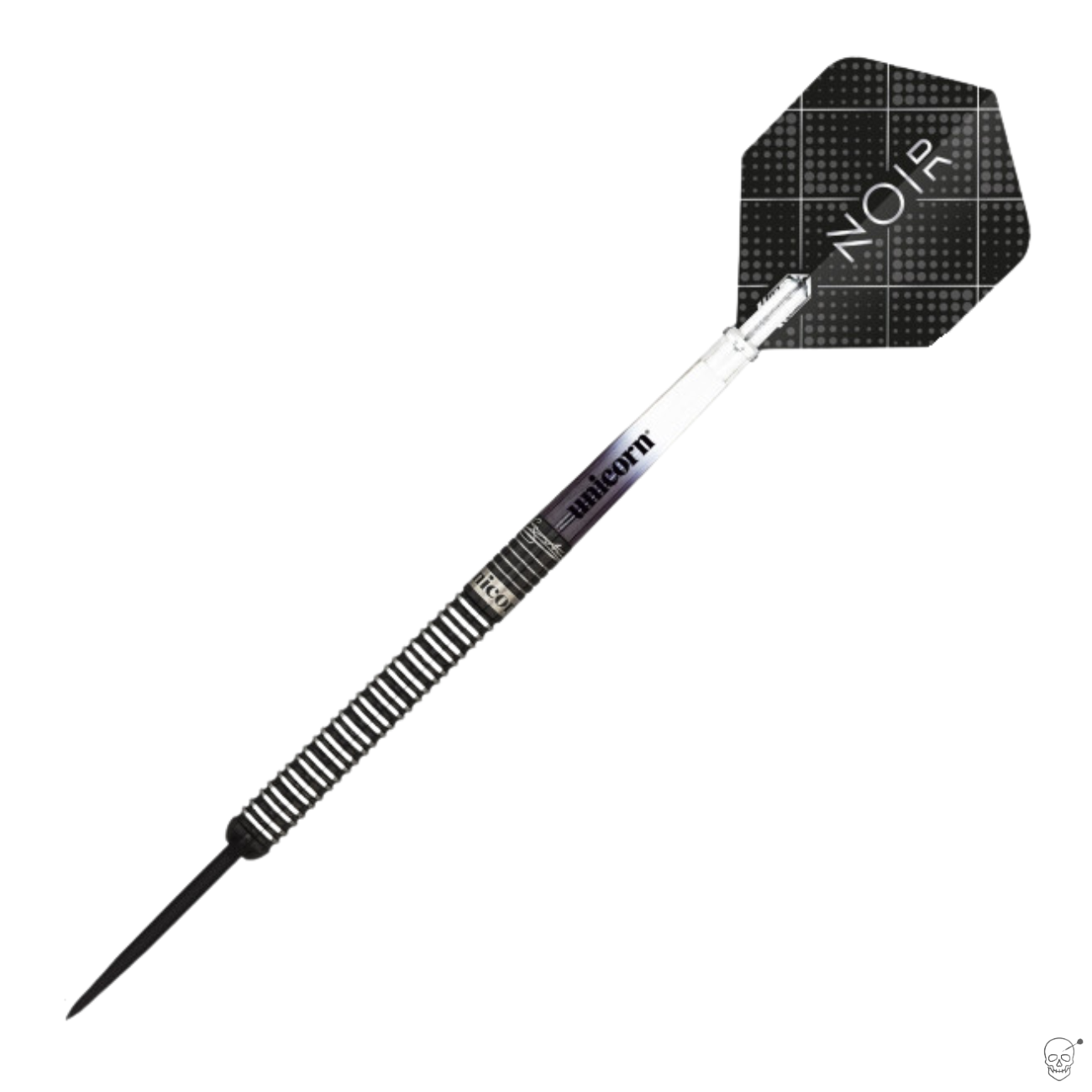 Angled full dart view on white background highlighting knurled grip, tungsten barrel, and textured Noir flight design