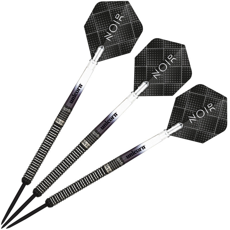 Set of three 90% tungsten darts with black grip barrels and Noir patterned flights, displayed on white background