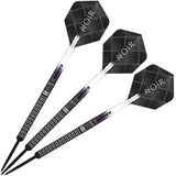 Set of three 90% tungsten darts with black grip barrels and Noir patterned flights, displayed on white background