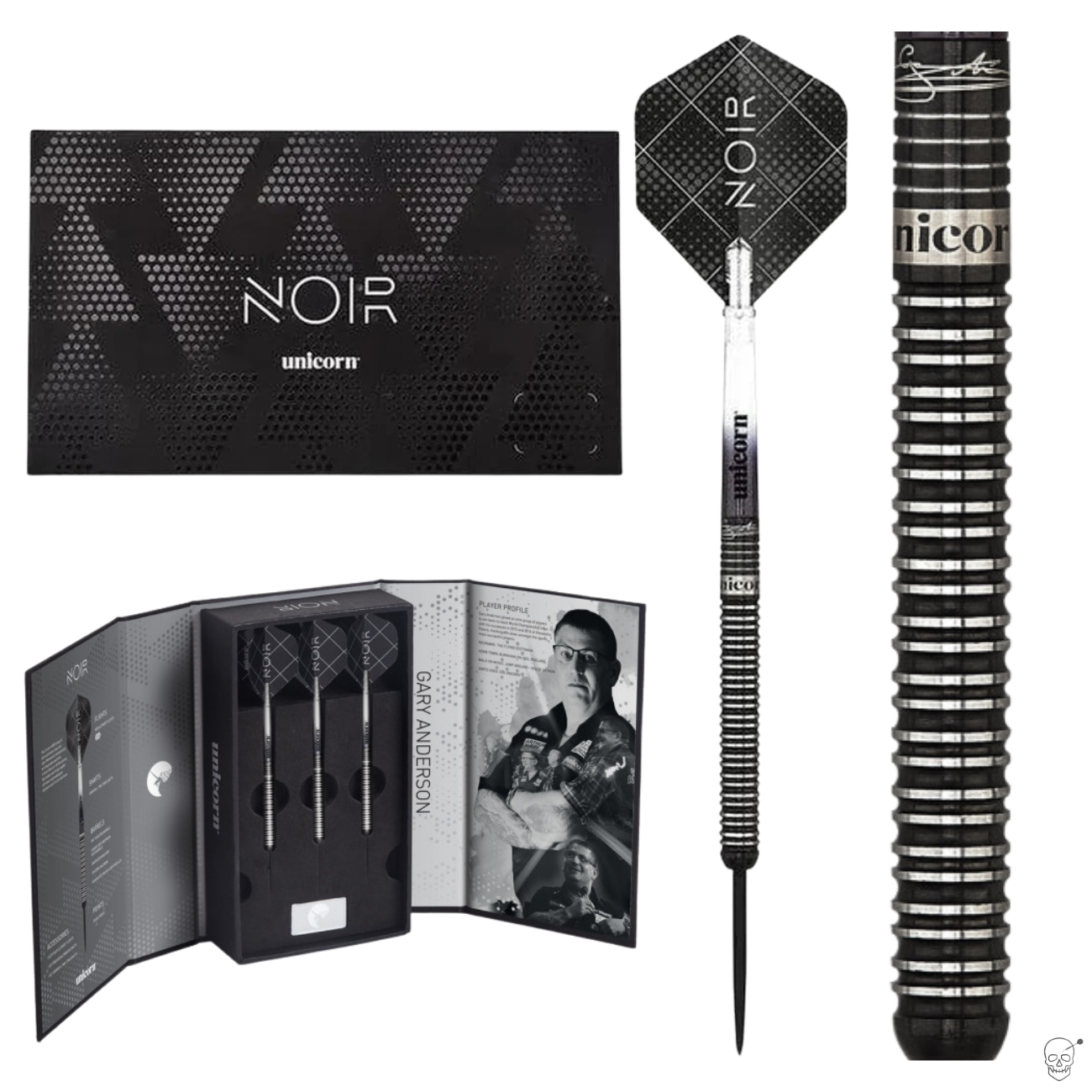 Gary Anderson Noir darts set box, detailed barrel close-up, open display pack with three 90% tungsten darts, and single dart on white