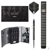 Gary Anderson Noir darts set box, detailed barrel close-up, open display pack with three 90% tungsten darts, and single dart on white